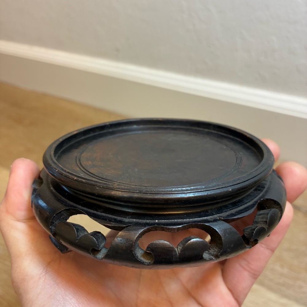 Vintage Carved Wood Pedestal Display Stand Base 5” Round Asian Scrollwork